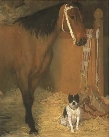 A l'ecurie, cheval et chien