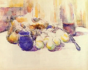 Blue Pot And Bottle Of Wine Aka Still Life With Pears And Apples Covered Blue Jar And A Bottle Of Wine