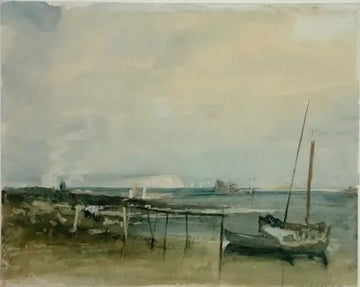 Coast Scene with White Cliffs and Boats on Shore