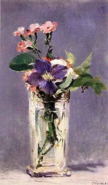 Pinks and Clematis in a Crystal Vase