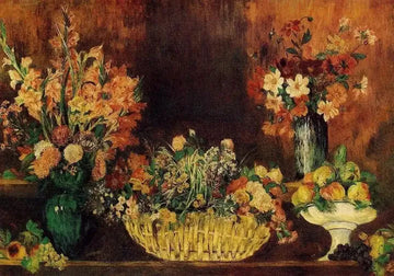 Vase Basket Of Flowers And Fruit